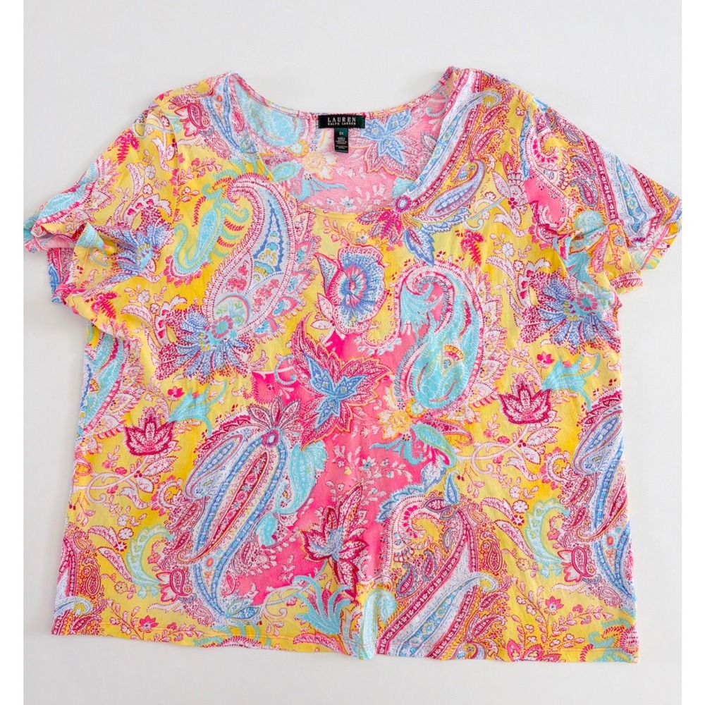 Lauren Ralph Lauren Pink Yellow Paisley Cotton Scoop Neck Top 3X Plus Size